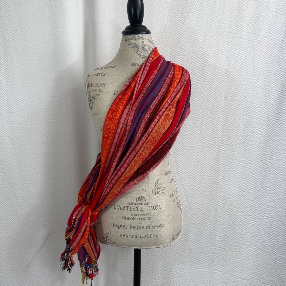 Pashmina Stripe Oversized Blanket Scarf fringe edges Silk Blend - Picture 3 of 9